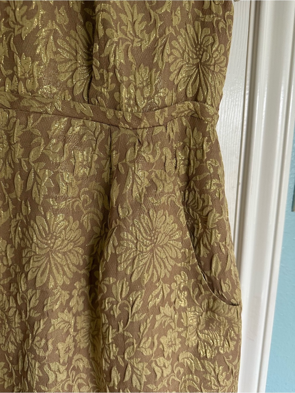 J Crew S 10 Gold Brocade Floral Dress Cocktail Formal cap Sleeve Silk Scoop Neck - Picture 2 of 6